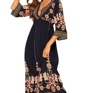 Romwe Women's Floral Print Deep V Neck 3/4 Sleeve A-Line Bohemian Dress size L